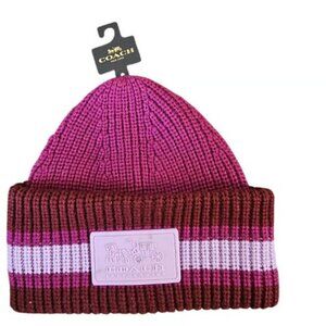 COACH ribbed knit cuffed two-toned varsity stripe beanie winter hat - Plum/PInk